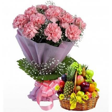 Pink Carnation And Mixed Fruits With Basket