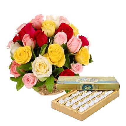 Basket Of Mixed Roses And 1/2 Kg Kaju Katli