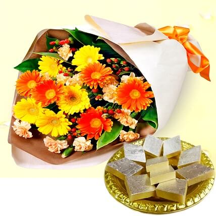 Bunch Of 10 Mixed Gerbera And 1/2 Kg Kaju Katli