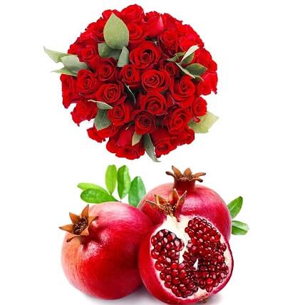 Bunch Of 20 Red Roses And 2 Kg Pomegranates With Basket