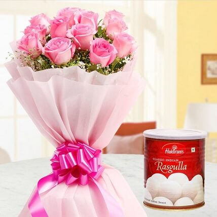 Bunch Of 25 Pink Roses With Rasgulla