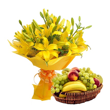 Mixed Lilies With Mixed Fruits With Basket